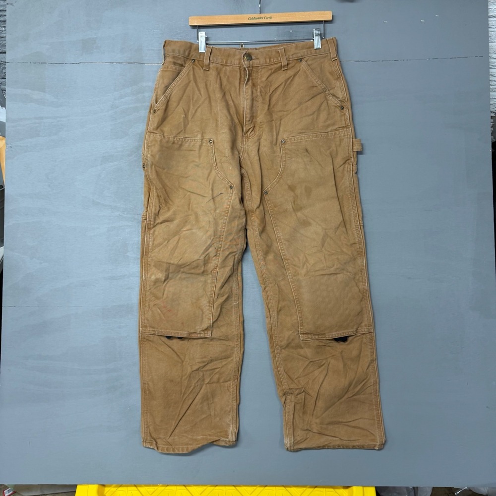 Carhartt Mens Double Front Work Pants Brown Duck Canvas Made in USA 34x30 5607 - Picture 2 of 5